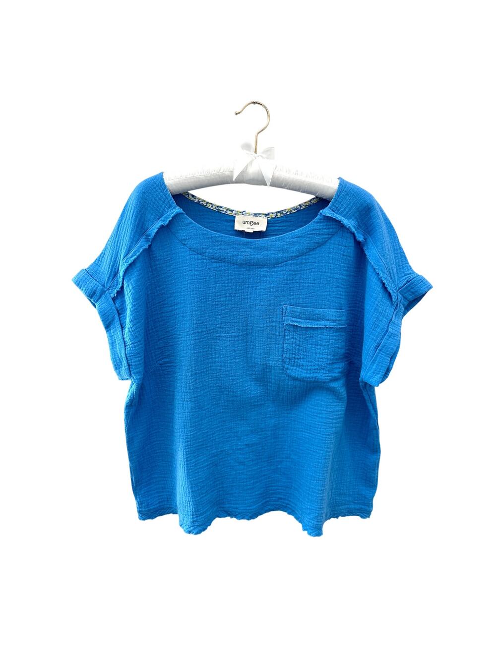 UMGEE | Blue Cotton Gauze Pocket Short Sleeve Top Boho Summer | Small